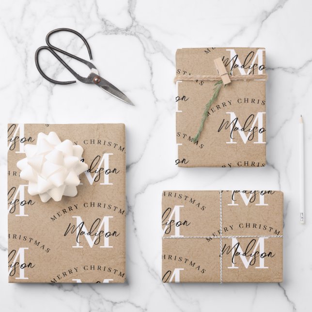 Personalized Merry Christmas Kraft Monogram   Wrapping Paper Sheets (Front)
