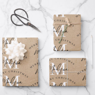 Personalized Merry Christmas Kraft Monogram Wrapping Paper Sheets