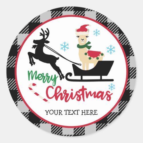 Personalized Merry Christmas Llama Santa Sleigh Classic Round Sticker
