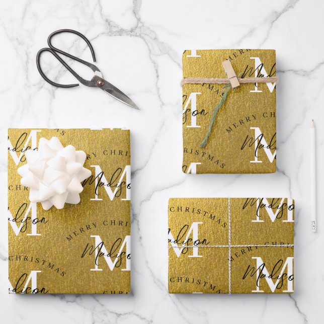 Personalized Merry Christmas Luxury Gold Monogram  Wrapping Paper Sheets (Front)