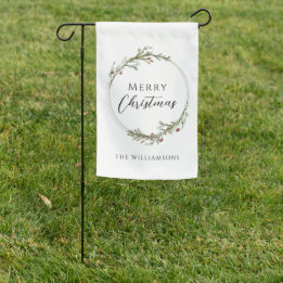 Personalized Merry Christmas Minimalist Wreath Garden Flag