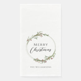 Personalized Merry Christmas Minimalist Wreath Paper Guest Towels