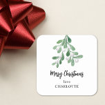 Personalized Merry Christmas Mistletoe Square Sticker<br><div class="desc">This simple Christmas Sticker is decorated with watercolor mistletoe leaves and berries.
Easily customizable.
As we create our artwork you won't find this exact image from other designers.
Original Watercolor © Michele Davies.</div>