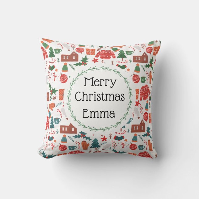 Personalized Merry Christmas Name Holiday Pillow (Front)