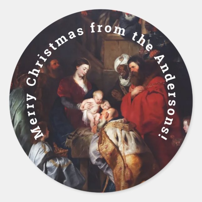 Personalized Merry Christmas Nativity Classic Round Sticker (Front)