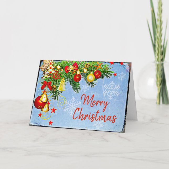 Personalized Merry Christmas Ornaments and Pine Card (Front)