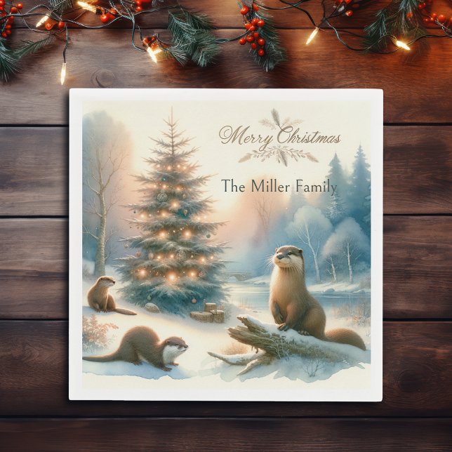 Personalized Merry Christmas Otter Family Winter  Napkins (Creator Uploaded)