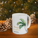Personalized Merry Christmas Palm Tree Holidays Coffee Mug<br><div class="desc">Bring a touch of tropical cheer to your holiday season with our unique personalized Christmas coffee mug. This eye-catching design features a festively decorated palm tree adorned with twinkling lights and ornaments, perfectly capturing the laid-back spirit of a beachside celebration. The cheerful "Merry Christmas" script adds a classic holiday touch,...</div>