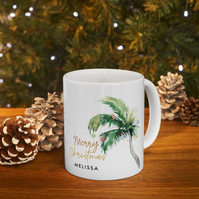 Personalized Merry Christmas Palm Tree Holidays Coffee Mug (Christmas Holidays Coastal Palm Tree Personalized White 11oz Coffee Mug)