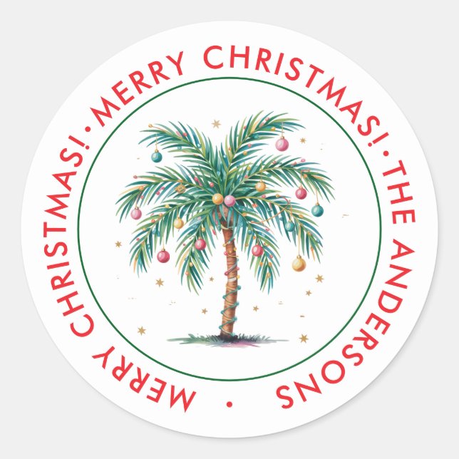 Personalized Merry Christmas Palm Tree Light Classic Round Sticker (Front)