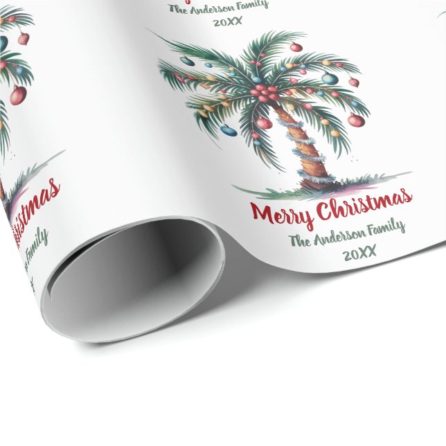 Personalized Merry Christmas Palm Tree Light       Wrapping Paper (Roll Corner)