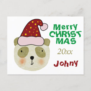 Personalized Merry Christmas Panda bear with hat Holiday Postcard