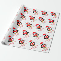 Personalized Merry Christmas Penguin Santa Hat Wrapping Paper