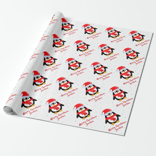 Personalized Merry Christmas Penguin Santa Hat Wrapping Paper