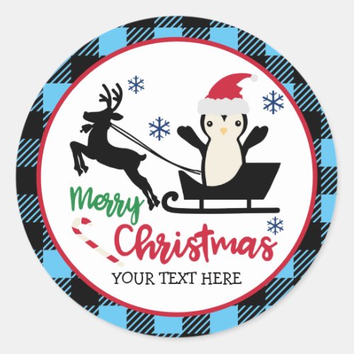 Personalized Merry Christmas Penguin Santa Sleigh Classic Round Sticker