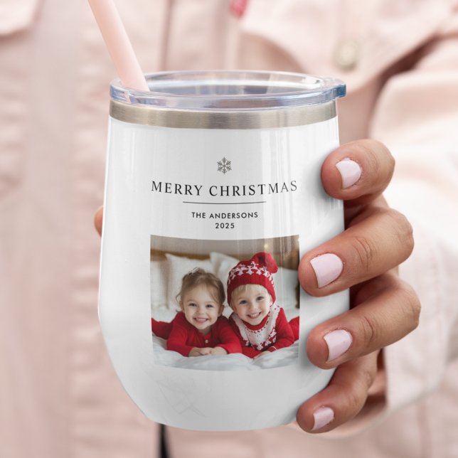 "Personalized Merry Christmas Photo And Name Thermal Wine Tumbler (Creator Uploaded)