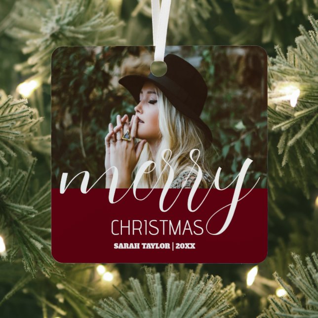 Personalized Merry Christmas Photo Burgundy Name   Metal Ornament (Insitu)