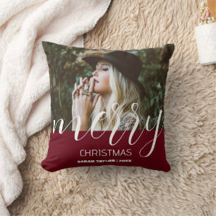 Personalized Merry Christmas Photo Name Burgundy Throw Pillow