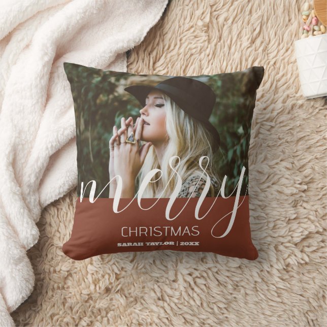 Personalized Merry Christmas Photo Name Typography Throw Pillow (Blanket)