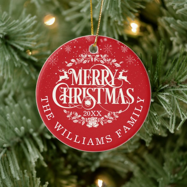 Personalized Merry Christmas Photo Red Ceramic Ornament (Tree)