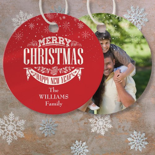 Personalized Merry Christmas Photo Red Favor Tags