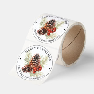 Personalized, Merry Christmas Pinecone and Greens Classic Round Sticker