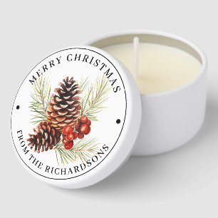 Personalized, Merry Christmas Pinecone and Greens Mini Candle Favors