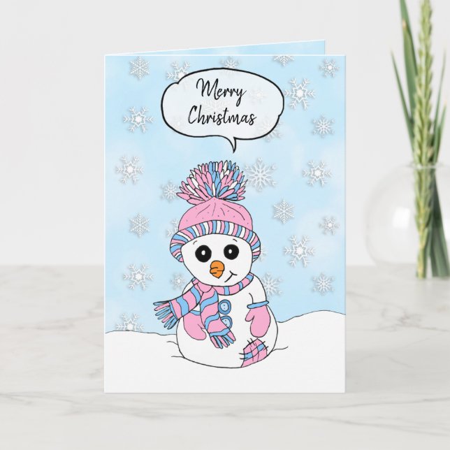 Personalized Merry Christmas Pink and Blue Snowman Card (Front)