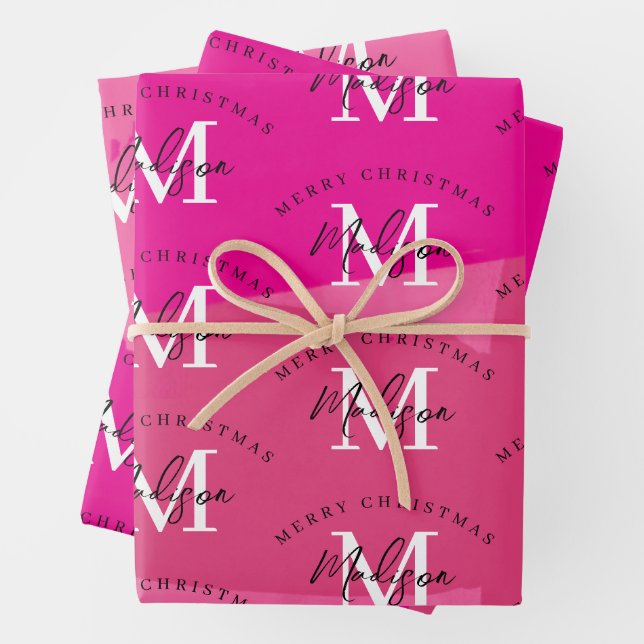 Personalized Merry Christmas Pink Paint Monogram  Wrapping Paper Sheets (In situ)