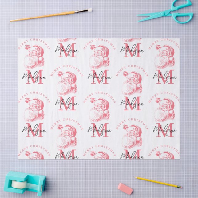 Personalized Merry Christmas Pink Santa Monogram Tissue Paper (Craft)