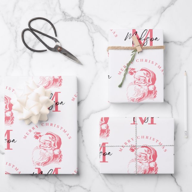 Personalized Merry Christmas Pink Santa Monogram Wrapping Paper Sheets (Front)
