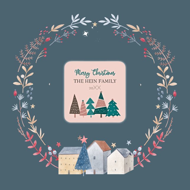 Personalized Merry Christmas Pink Trees Square Sticker (Personalized Family Christmas Stickers)