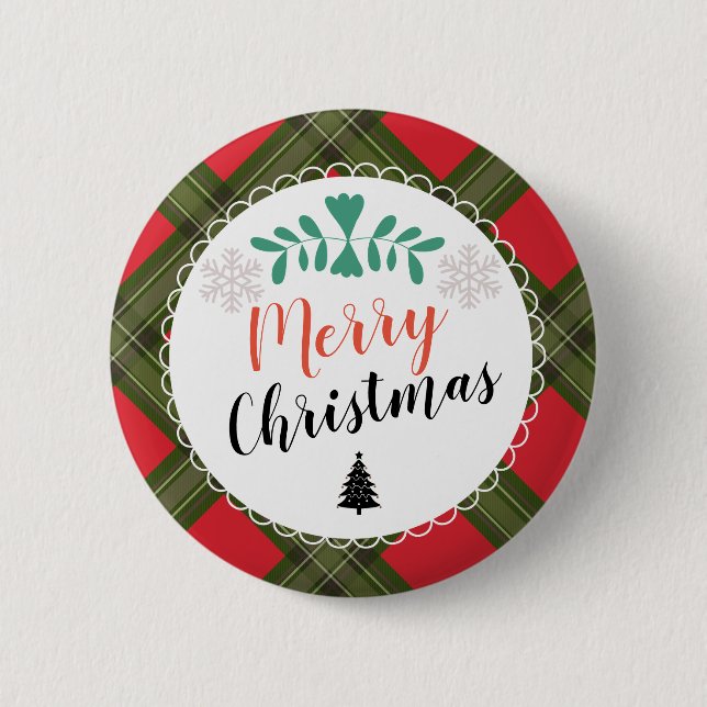 Personalized Merry Christmas Plaid Button (Front)