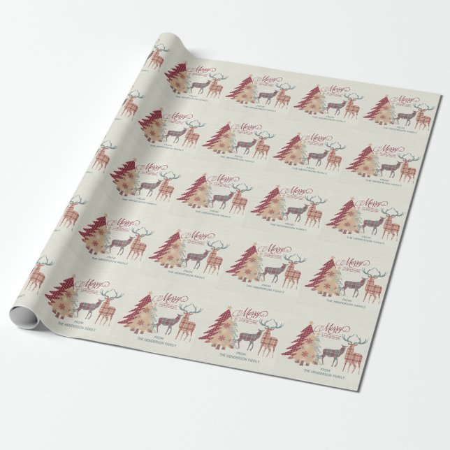 Personalized Merry Christmas Plaids Wrapping Paper (Unrolled)