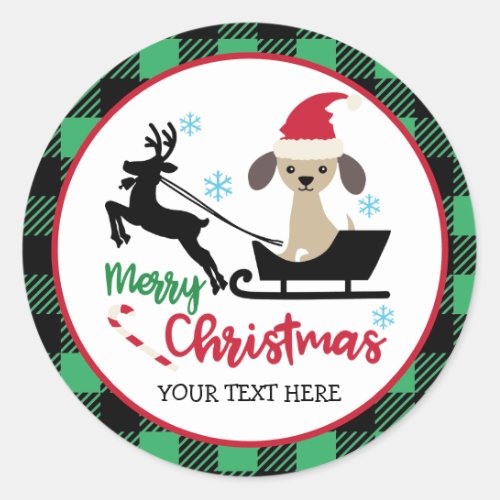 Personalized Merry Christmas Puppy Santa Sleigh Classic Round Sticker