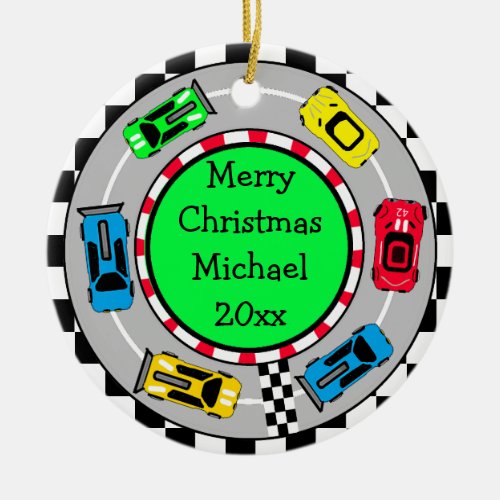 Personalized Merry Christmas Race Car Themed Ceramic Ornament