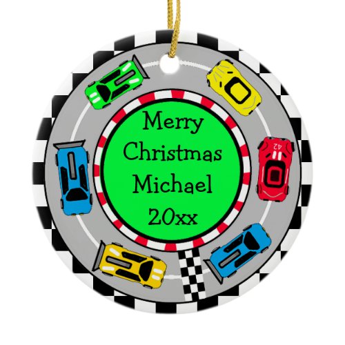 Personalized Merry Christmas Race Car Themed Ceramic Ornament