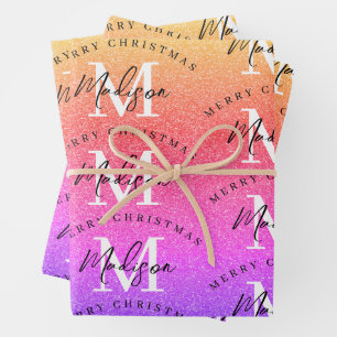 Personalized Merry Christmas Rainbow Monogram Wrapping Paper Sheets