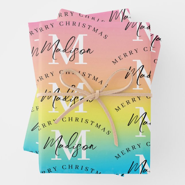 Personalized Merry Christmas Rainbow Monogram Wrapping Paper Sheets (In situ)