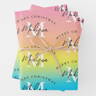Personalized Merry Christmas Rainbow Monogram Wrapping Paper Sheets