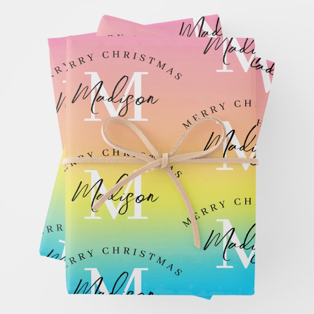 Personalized Merry Christmas Rainbow Monogram Wrapping Paper Sheets (In situ)