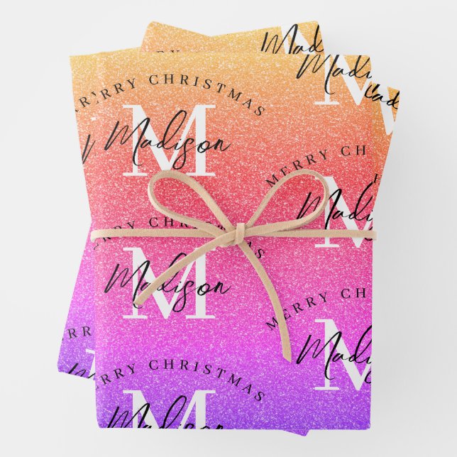 Personalized Merry Christmas Rainbow Monogram Wrapping Paper Sheets (In situ)