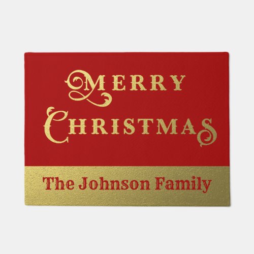 Personalized Merry Christmas Red and Gold Welcome Doormat