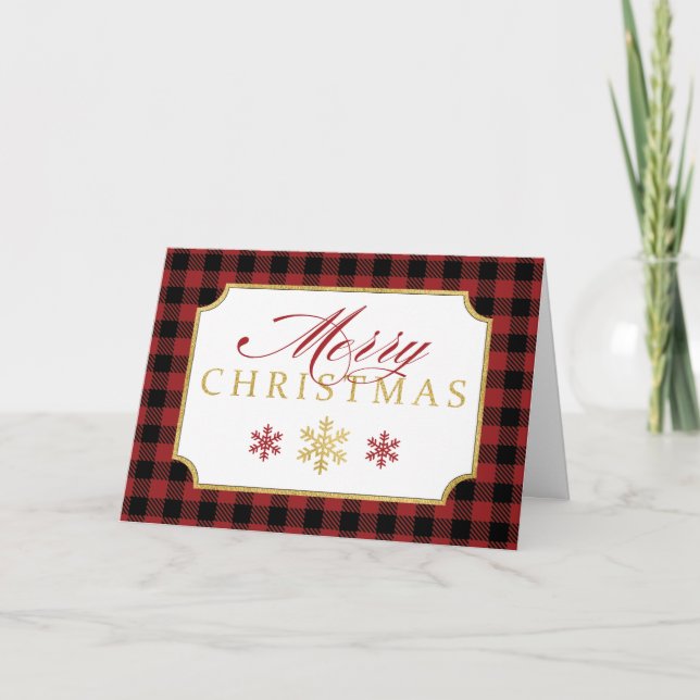 Personalized Merry Christmas Red, Black Plaid Card (Front)