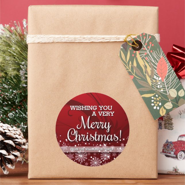 Personalized Merry Christmas (red) Classic Round Sticker (Holiday)