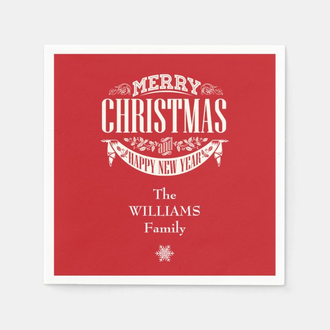 Personalized Merry Christmas Red Family NAme Napkins (Front)