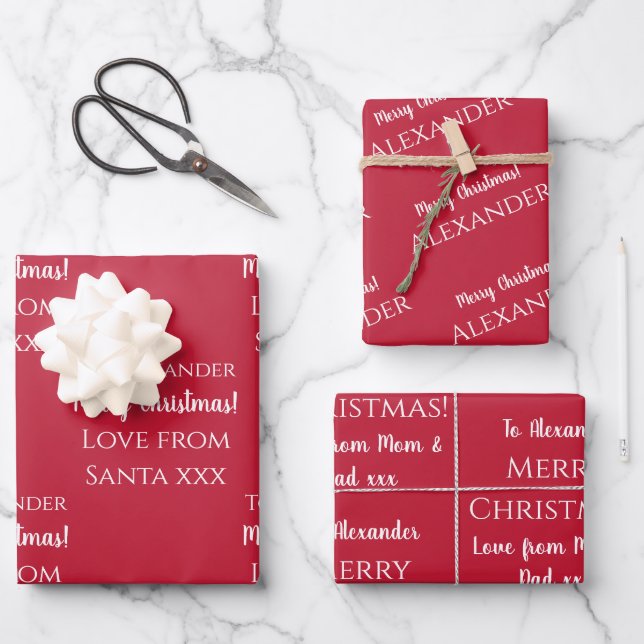 Personalized Merry Christmas Red Festive Wrapping Paper Sheets (Front)