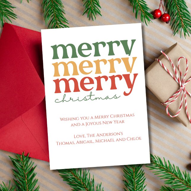 Personalized Merry Christmas Red Green Gold Card (Merry Merry Merry Christmas Card Printed or Digital Instant Download)