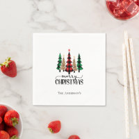 Personalized Merry Christmas Red Green Plaid Trees Napkins