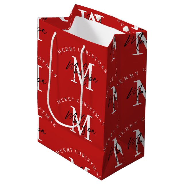 Personalized Merry Christmas Red Monogram  Medium Gift Bag (Front Angled)